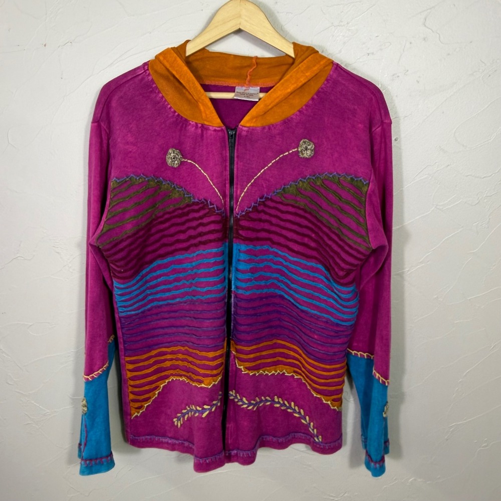 Greater Good Network Butterfly Zip Up Hoodie Womens‎ L XL Pink Boho Fairycore